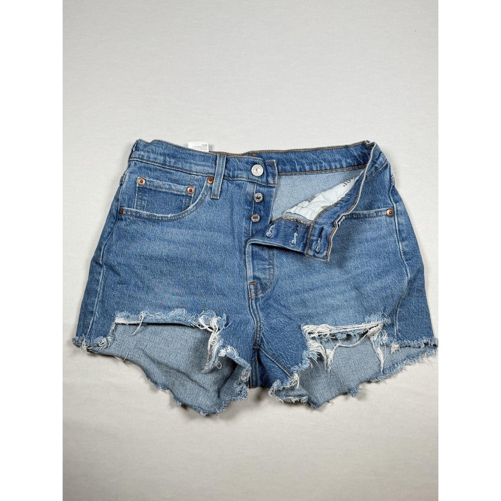 Levis 501 Shorts Womens‎ W28 Blue Denim Distressed Cutoff Button Fly Frayed Hem